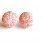 White and Pink Lace Fabric Button Stud Earrings