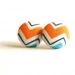 Chevron Fabric Covered Button Earrings - Orange