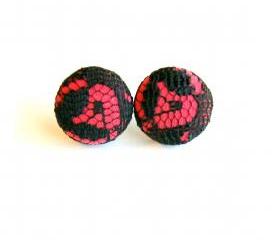 Pink and Black Lace Covered Button Earrings
