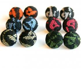Black Lace Button Covered Earrings - Set of Six