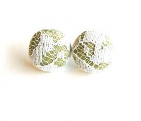 Tan and White Lace Covered Button Earrings