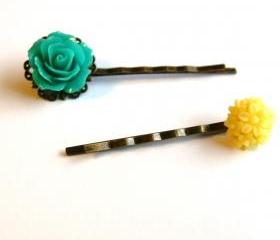 Turquoise Green and Yellow Flower Bobby Pins - Set of Two