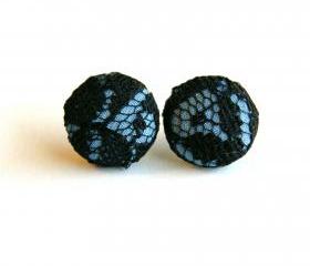 Black and Blue Lace Fabric Stud Earrings - Medium