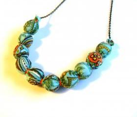 Blue and Orange Fabric Wrapped Necklace