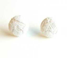 White Fabric and Lace Button Stud Earrings