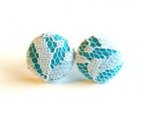 Light Blue and White Lace Stud Earrings - Medium