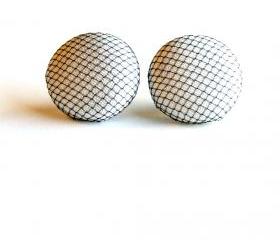 White and Black Tulle Fabric Stud Earrings