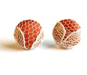 Orange and Yellow Lace Fabric Button Stud Earrings