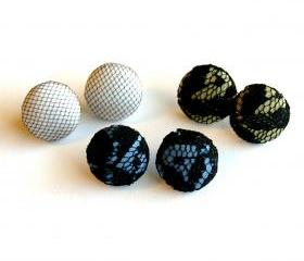 Black Lace and Tulle Fabric Stud Earrings - Set of Three