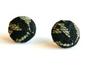 Gold and Black Lace Fabric Stud Earrings