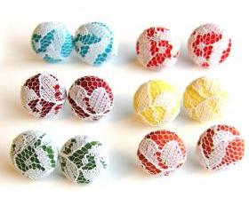 Fabric and Lace Button Stud Earrings - Set of Six
