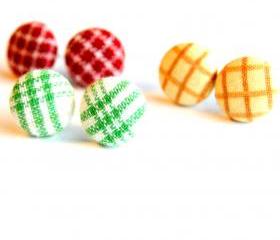 Plaid Fabric Stud Earrings - Set of Three