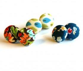 Colorful Flower and Leaf Fabric Button Studs - Set of Three