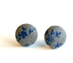 Royal Blue and Gray Fabric Stud Earrings