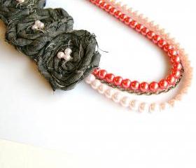 Pink Pearls with Chain and Fabric Rosettes