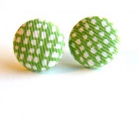 Spring Green Fabric Button Stud Earrings