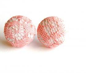 White and Pink Lace Fabric Button Stud Earrings