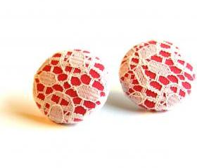 Pink and White Lace Button Stud Earrings - Large