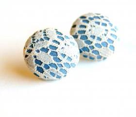 Light Blue and White Lace Button Stud Earrings-Large