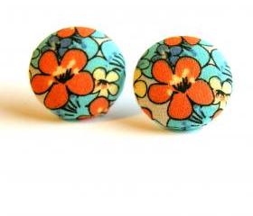 Caribbean Flower Fabric Button Stud Earrings - Large