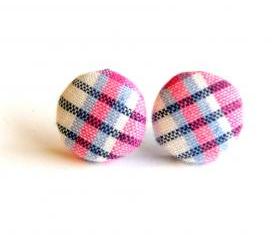Blue, Pink and White Plaid Button Earrings - Medium