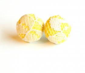 Yellow and White Lace Fabric Stud Earrings - Medium