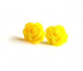 Yellow Rose Flower Stud Earrings