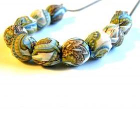 Ivory and Blue Paisley Fabric Wrapped Necklace