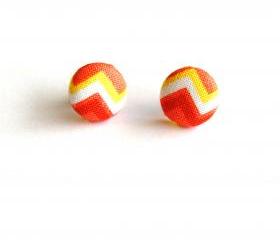 Chevron Covered Button Stud Earrings - Orange