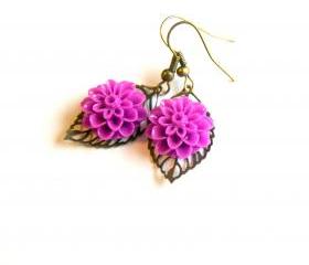 Purple Flower and Brass Leaf Earrings