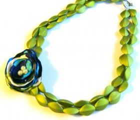 Lime Green Fabric Flower Beaded Necklace