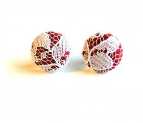Cranberry and White Lace Fabric Button Stud Earrings