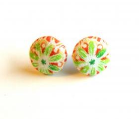 Burnt Red and Green Flower Fabric Button Earrings