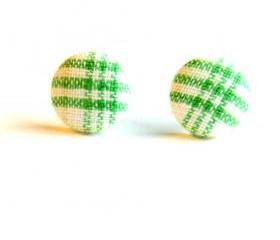 Green and White Plaid Button Earrings