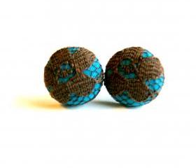 Teal and Brown Lace Button Earrings