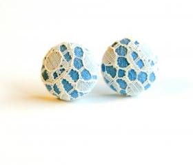 Light Blue and Ivory Lace Fabric Button Earrings
