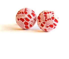Red and Ivory Lace Fabric Button Earrings