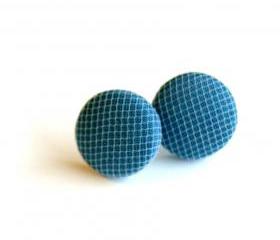 Blue and White Tulle Fabric Button Earrings
