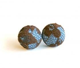 Light Blue and Brown Lace Button Covered Earrings