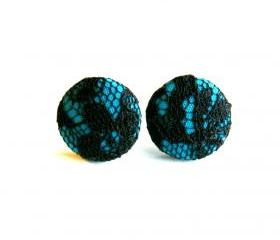 Teal and Black Lace Fabric Button Earrings