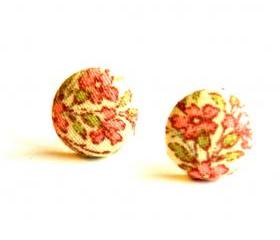 Pink Flower Fabric Covered Button Earrings