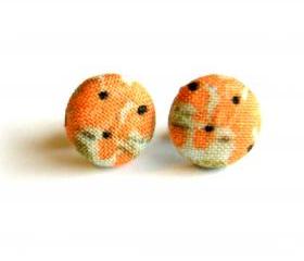 Peach Flower Fabric Button Earrings