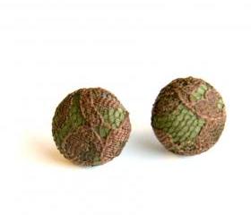 Army Green and Brown Lace Button Earrings