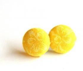 Yellow with Pale Yellow Flowers Button Earrings