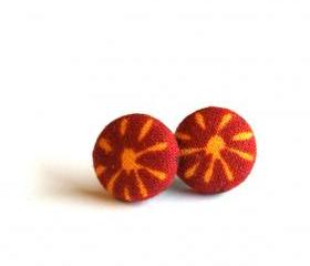 Maroon and Yellow Sun Fabric Button Earrings