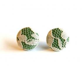 Green and Cream Lace Fabric Button Earrings