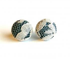 Blue and Cream Lace Button Earrings