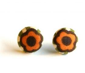 Flower with Green Stripes Button Earrings