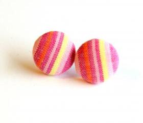 Pink and Yellow Plaid Fabric Button Earrings