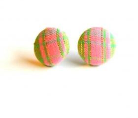 Pink with Green Stripes Fabric Button Earrings